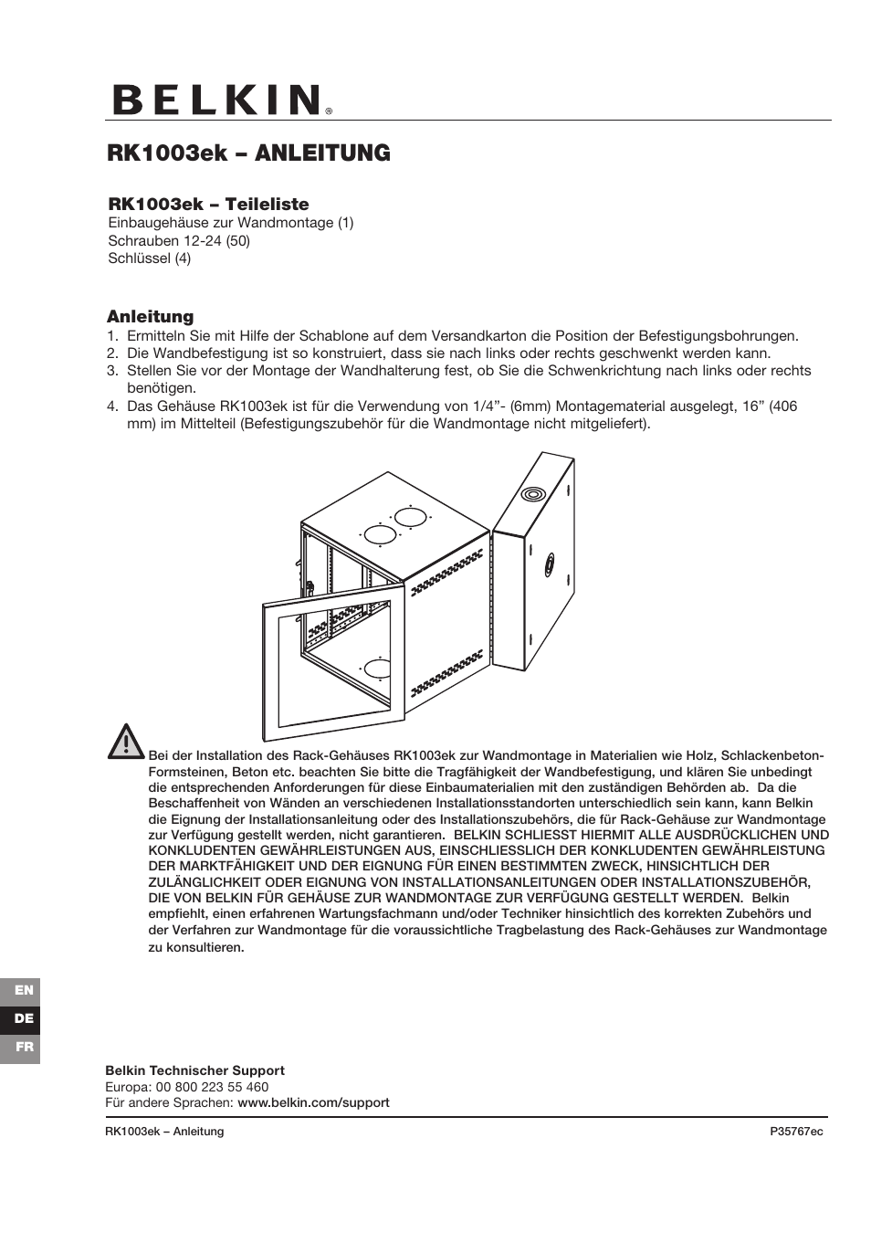 Rk1003ek – anleitung, Anleitung, Rk1003ek – teileliste | Belkin RK1003ek User Manual | Page 2 / 4