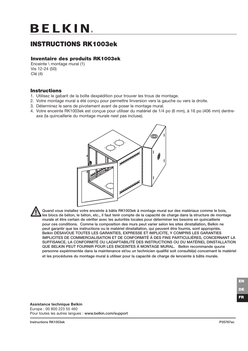 Instructions rk1003ek, Instructions, Inventaire des produits rk1003ek | Belkin RK1003ek User Manual | Page 3 / 4