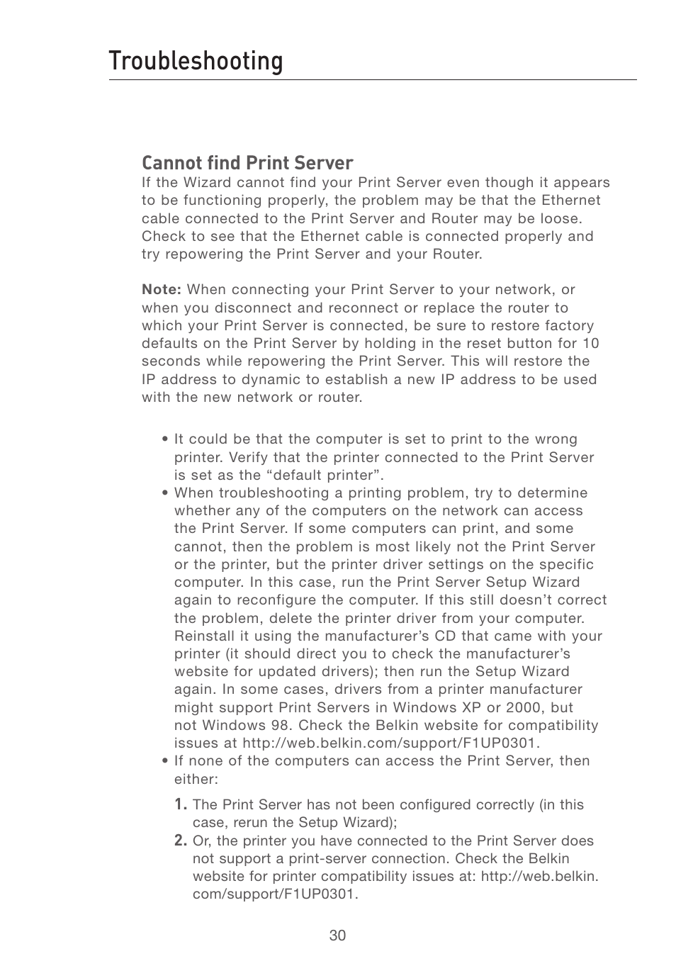 Troubleshooting, Cannot find print server | Belkin P74393UK User Manual | Page 33 / 40