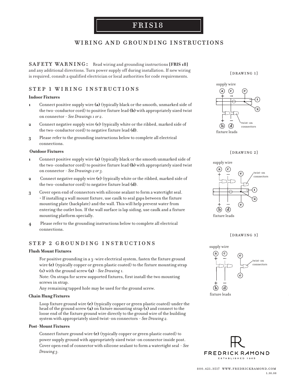 Fris18, Wiring and grounding instructions, Safety warning | Hinkley Lighting OMNI FR47200PNI User Manual | Page 2 / 2