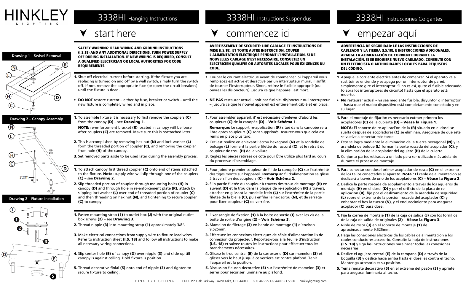Start here, Commencez ici, Empezar aquí | 3338hi, Hanging instructions, Instructions suspendus, Instrucciones colgantes | Hinkley Lighting FULTON 3338BZ User Manual | Page 2 / 3
