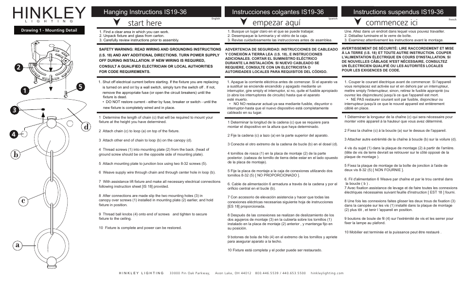 Hinkley, Ba c d, Start here | Commencez ici, Empezar aquí, Hanging instructions is19-36 | Hinkley Lighting MARLOWE 3497 User Manual | Page 2 / 3
