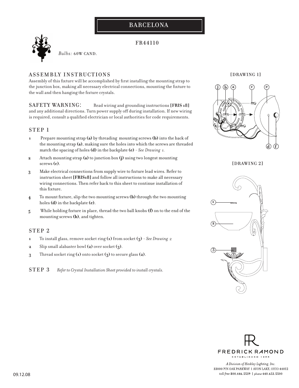 Hinkley Lighting BARCELONA FR44110SLF User Manual | 3 pages