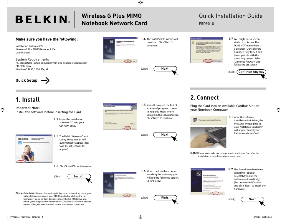 Belkin Wireless G Plus MIMO Notebook Network Card F5D9010 User Manual | 2 pages