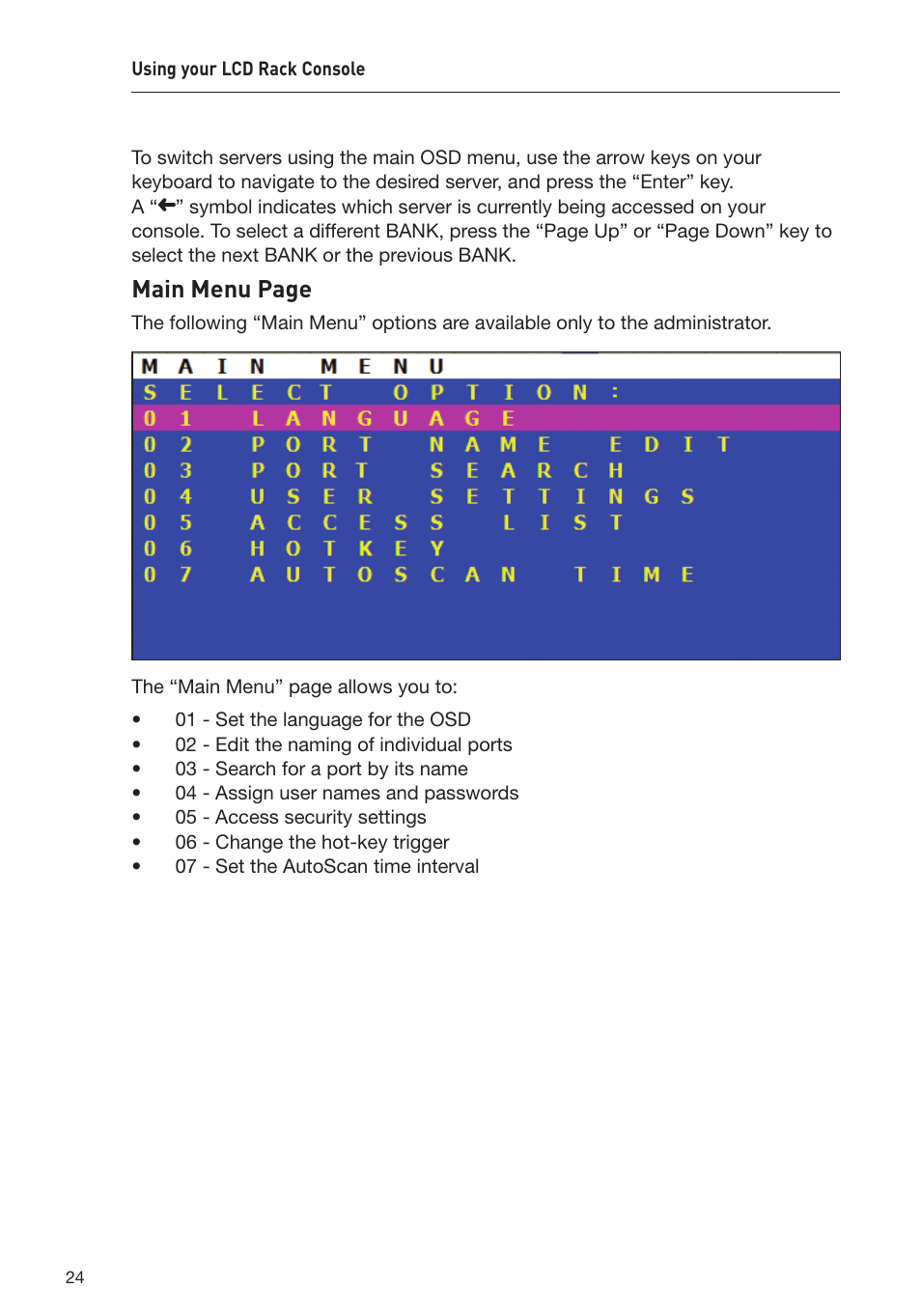 Main menu page | Belkin OmniView F1DC1XXB-SR User Manual | Page 26 / 40