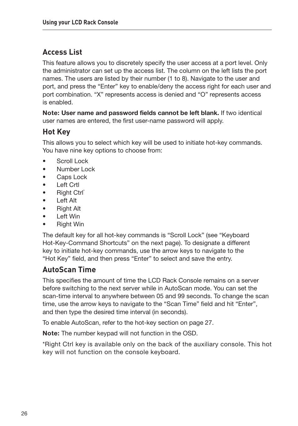 Access list, Hot key, Autoscan time | Belkin OmniView F1DC1XXB-SR User Manual | Page 28 / 40
