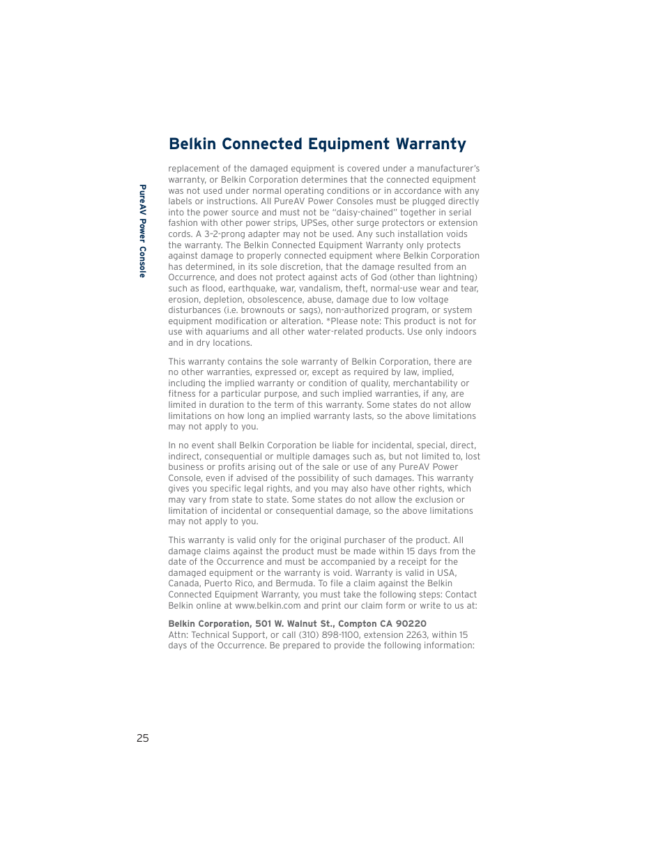 Belkin connected equipment warranty | Belkin PUREFILTER PF60 User Manual | Page 26 / 28
