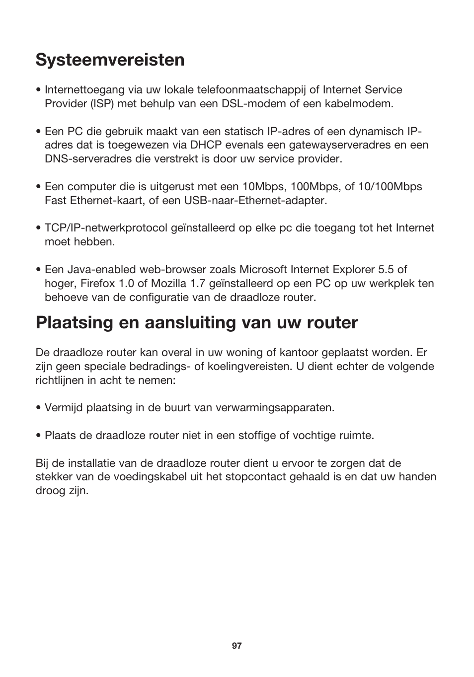 Systeemvereisten, Plaatsing en aansluiting van uw router | MicraDigital P74847ea-A User Manual | Page 101 / 182