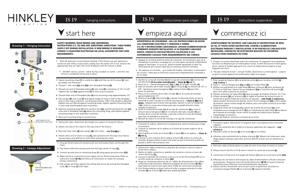 Start here, Empieza aquí, Commencez ici | Is 19, Hanging instructions, Instrucciones para colgar, Instructions suspendues | Hinkley Lighting RAVENNA 3314SB User Manual | Page 2 / 3