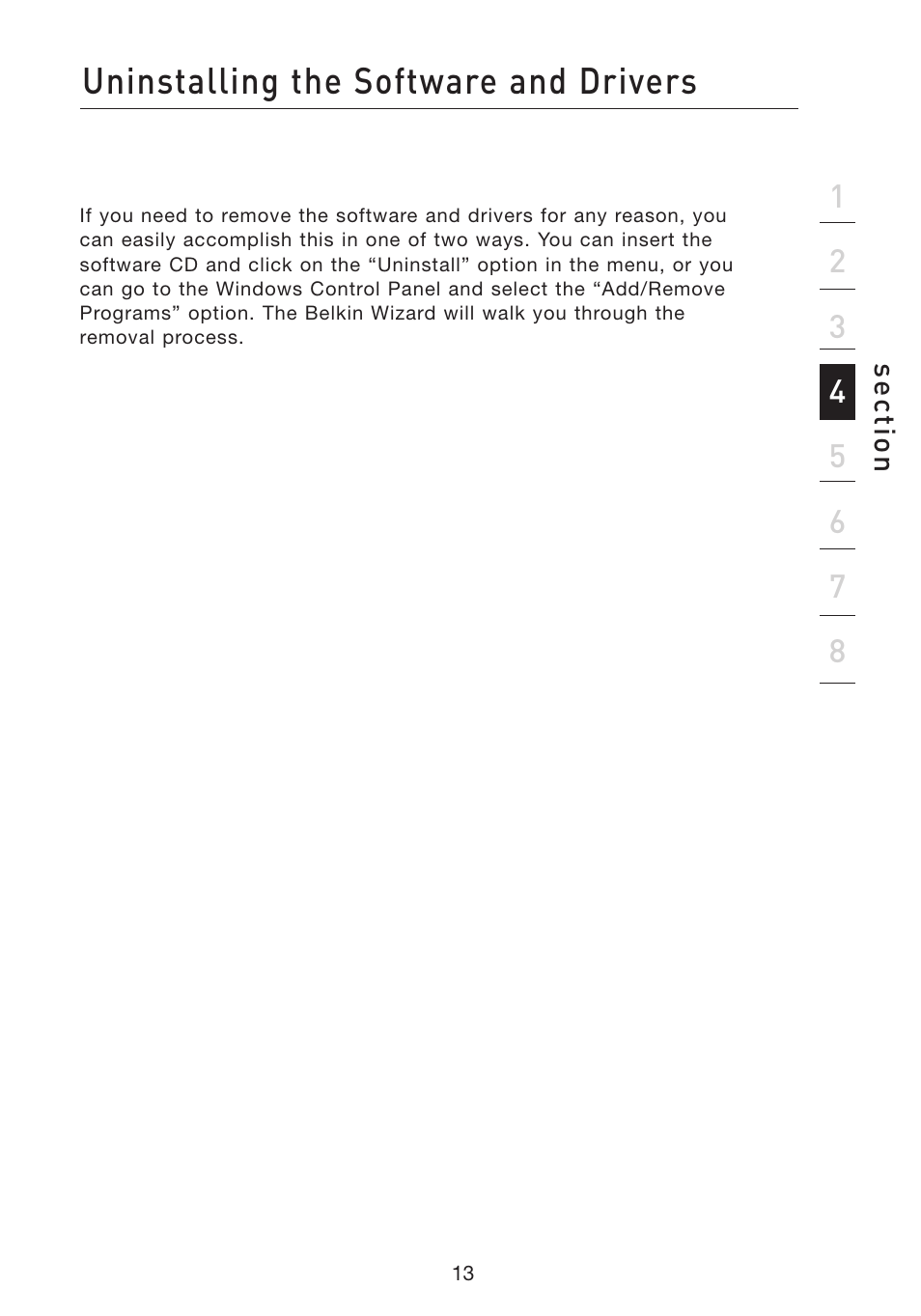 Uninstalling the software and drivers | Belkin F5D7051 User Manual | Page 16 / 42