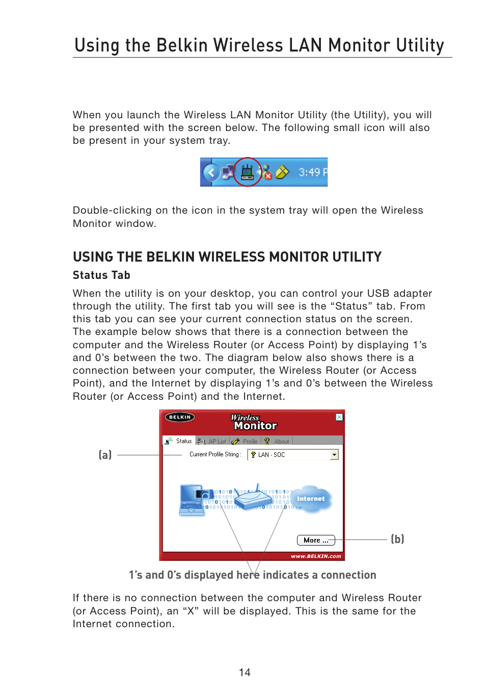 Using the belkin wireless lan monitor utility, Using the belkin wireless monitor utility | Belkin F5D7051 User Manual | Page 17 / 42