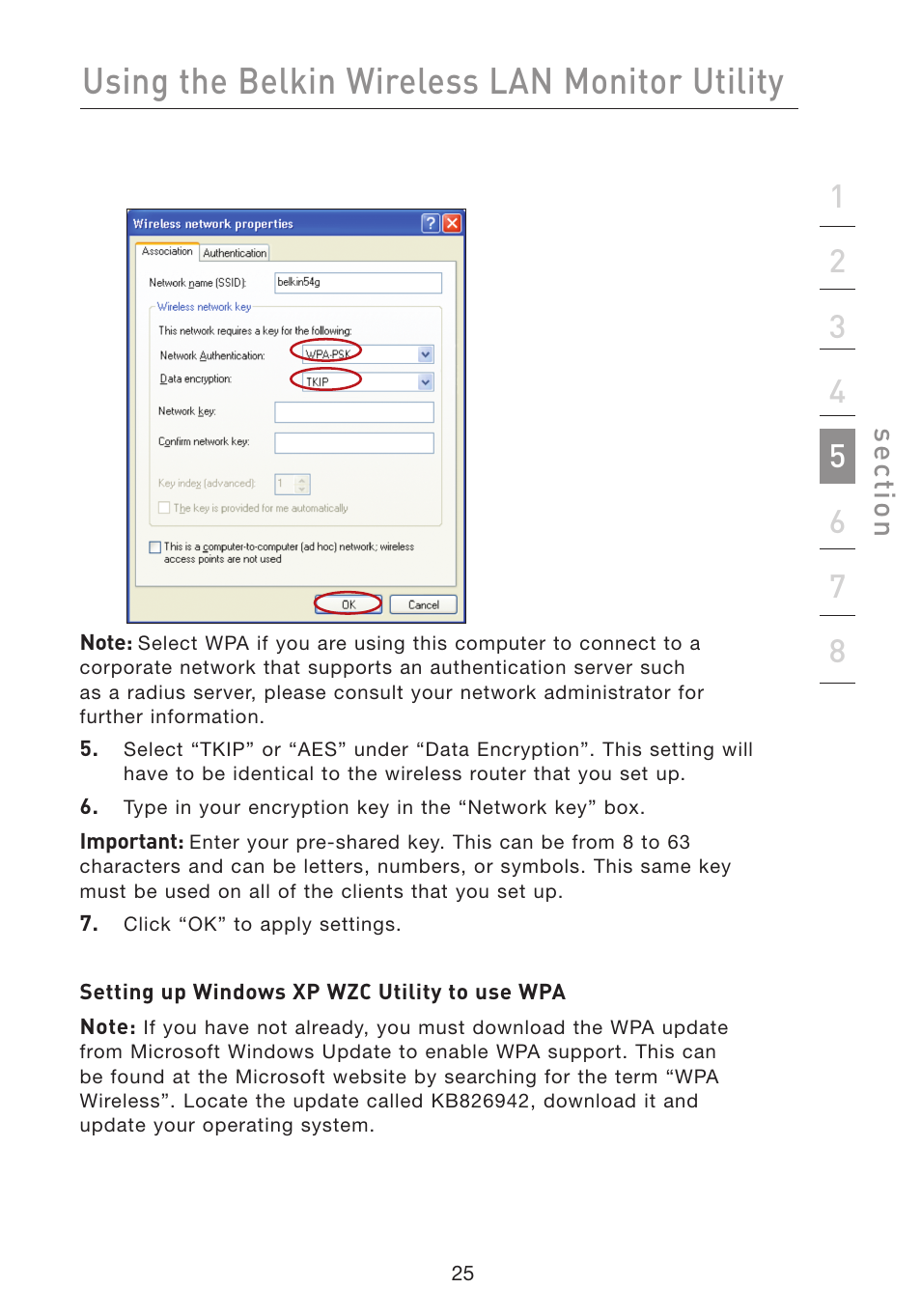 Using the belkin wireless lan monitor utility, Se ct io n | Belkin F5D7051 User Manual | Page 28 / 42