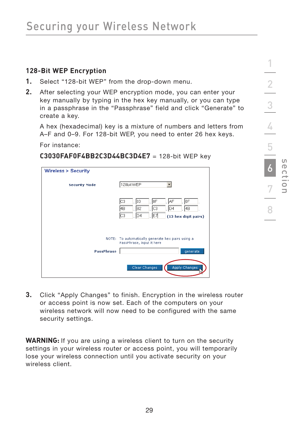 Securing your wireless network, Se ct io n | Belkin F5D7051 User Manual | Page 32 / 42