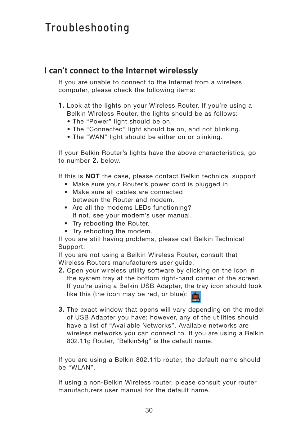 Troubleshooting, I can’t connect to the internet wirelessly | Belkin F5D7051 User Manual | Page 33 / 42
