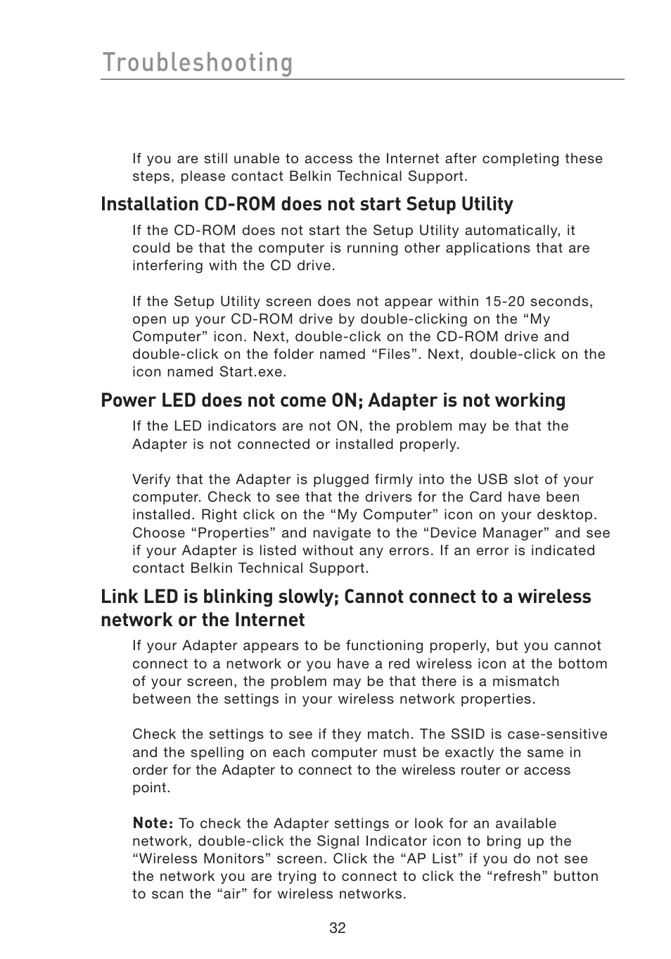 Troubleshooting, Installation cd-rom does not start setup utility, Power led does not come on; adapter is not working | Belkin F5D7051 User Manual | Page 35 / 42