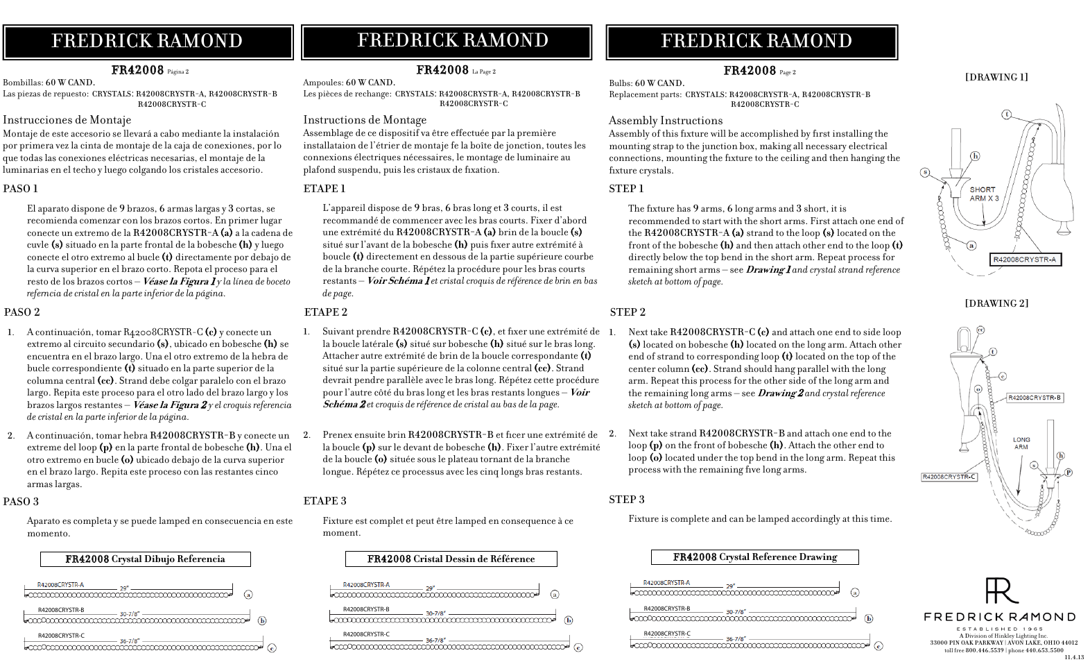 Fredrick ramond, Instrucciones de montaje, Instructions de montage | Assembly instructions | Hinkley Lighting CORTINA FR42008PNI User Manual | Page 2 / 4