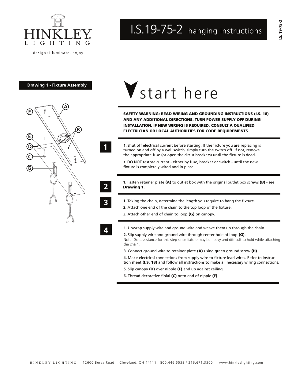 Start here, Hanging instructions | Hinkley Lighting MONDRIAN 4575KZ User Manual | Page 2 / 4
