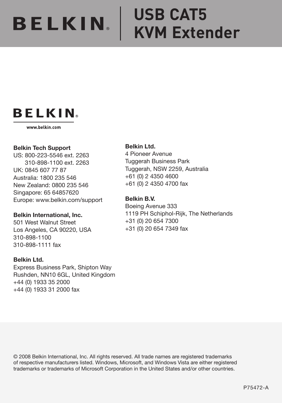 Belkin USB CAT5 KVM Extender P75472-A User Manual | 20 pages