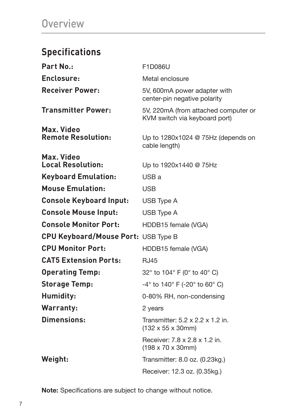 Overview, Specifications | Belkin USB CAT5 KVM Extender P75472-A User Manual | Page 11 / 20