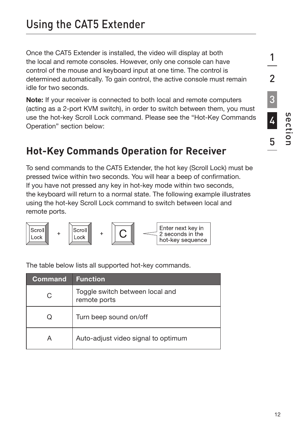 Using the cat5 extender, Hot-key commands operation for receiver | Belkin USB CAT5 KVM Extender P75472-A User Manual | Page 16 / 20