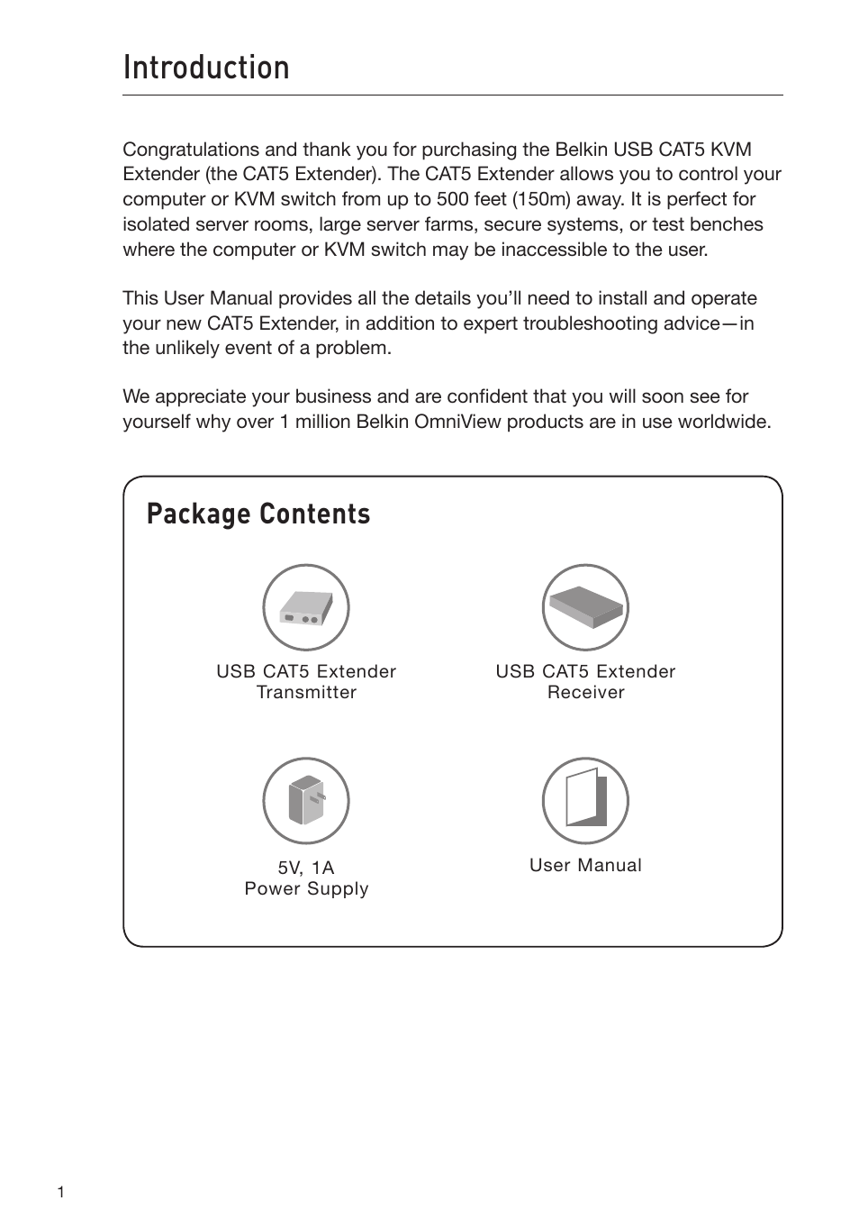Introduction, Package contents | Belkin USB CAT5 KVM Extender P75472-A User Manual | Page 5 / 20