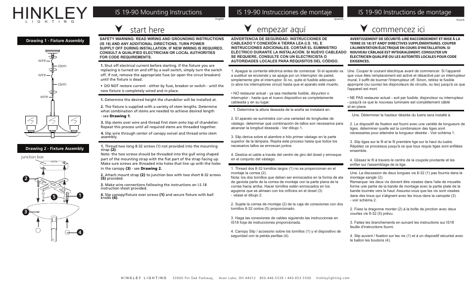 Hinkley, Start here, Commencez ici | Empezar aquí, Is 19-90 mounting instructions, Is 19-90 instructions de montage, Is 19-90 instrucciones de montaje | Hinkley Lighting PAXTON 3834OB User Manual | Page 3 / 3