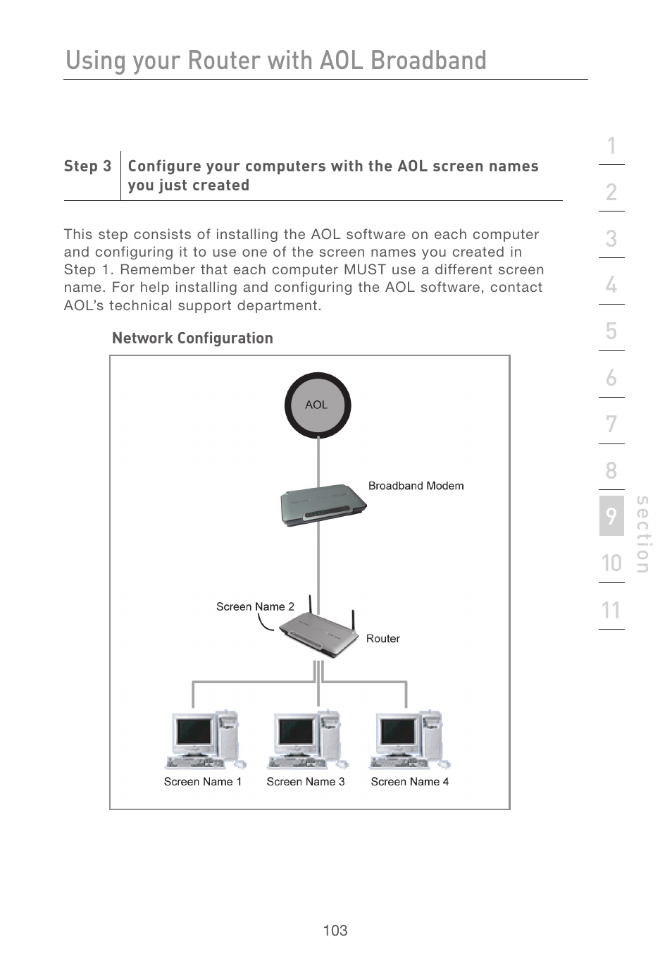 Using your router with aol broadband | Belkin F5D7231-4 User Manual | Page 105 / 133