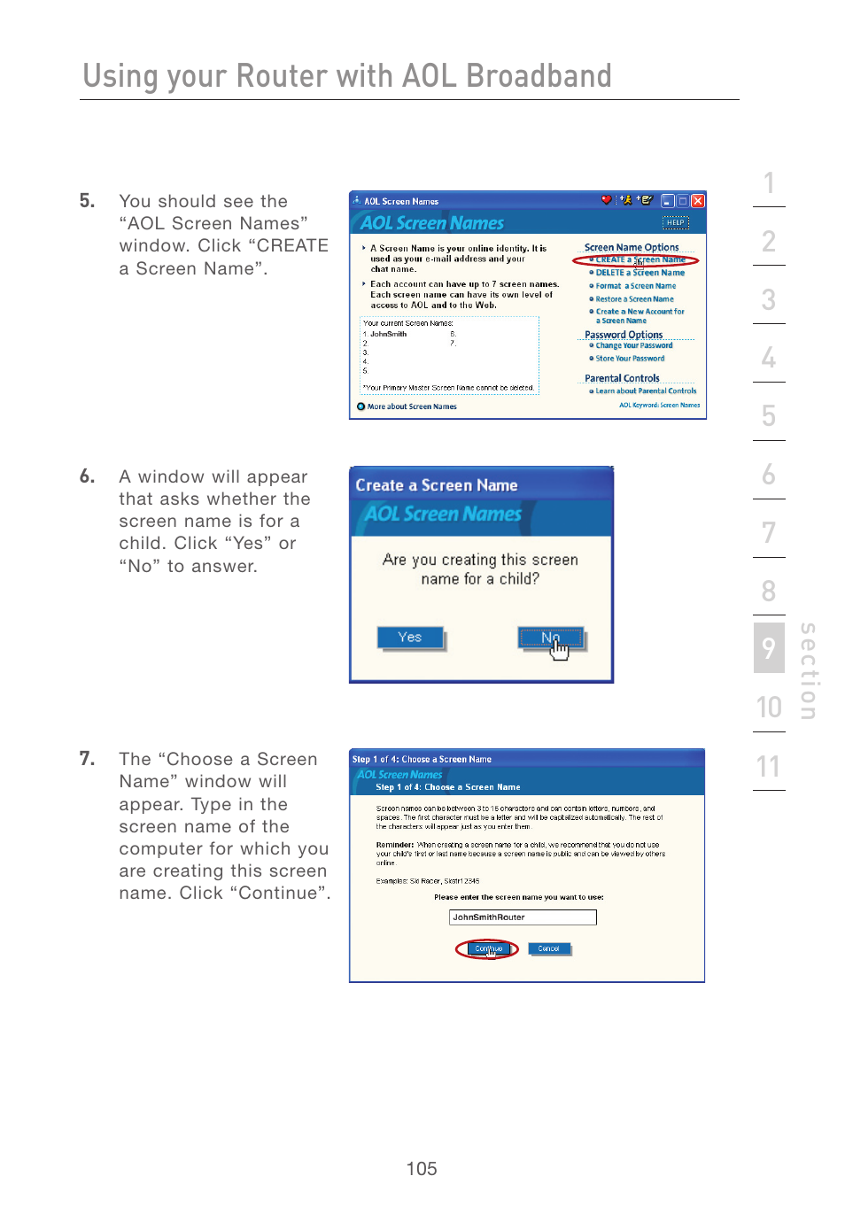 Using your router with aol broadband | Belkin F5D7231-4 User Manual | Page 107 / 133