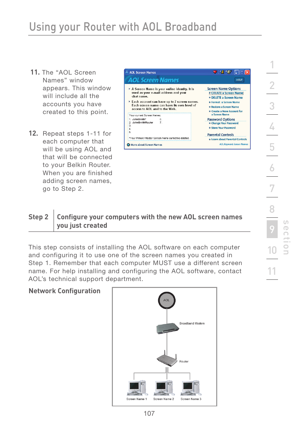 Using your router with aol broadband | Belkin F5D7231-4 User Manual | Page 109 / 133