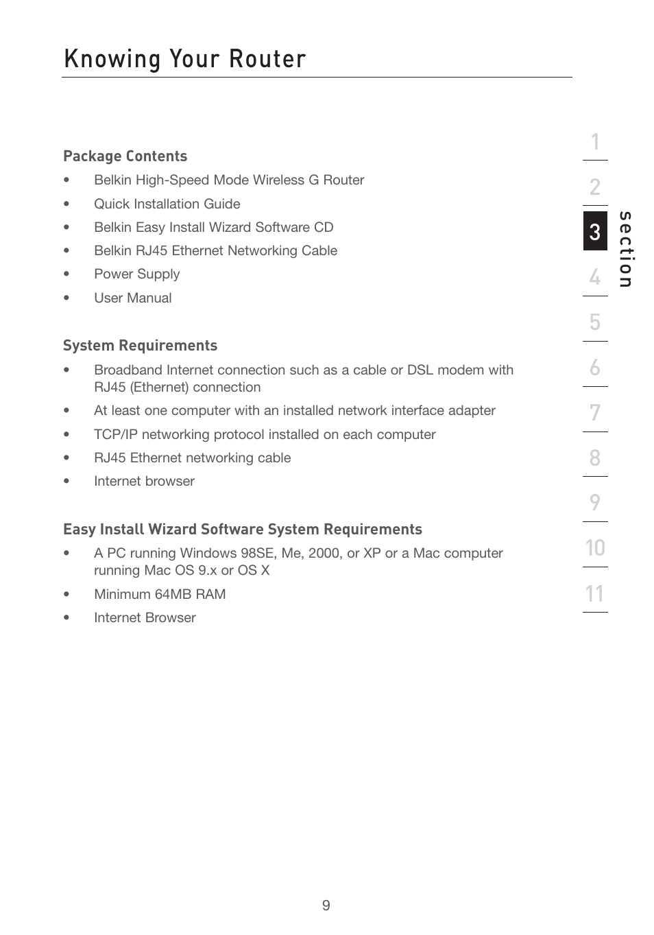 Product overview knowing your router, Se ct io n | Belkin F5D7231-4 User Manual | Page 11 / 133