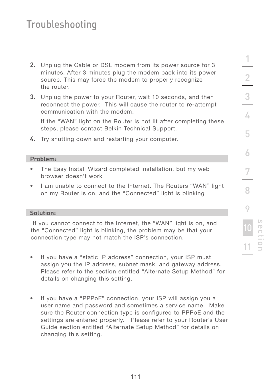 Troubleshooting, Se ct io n | Belkin F5D7231-4 User Manual | Page 113 / 133