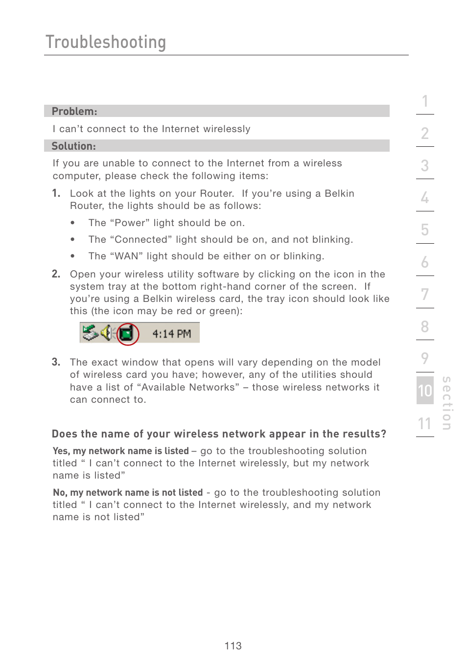 Troubleshooting, Se ct io n | Belkin F5D7231-4 User Manual | Page 115 / 133