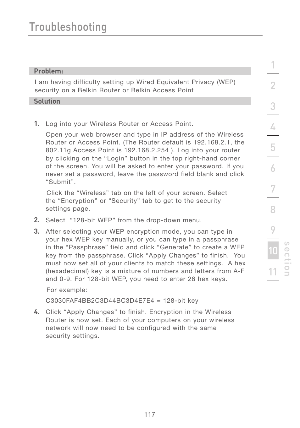 Troubleshooting, Se ct io n | Belkin F5D7231-4 User Manual | Page 119 / 133