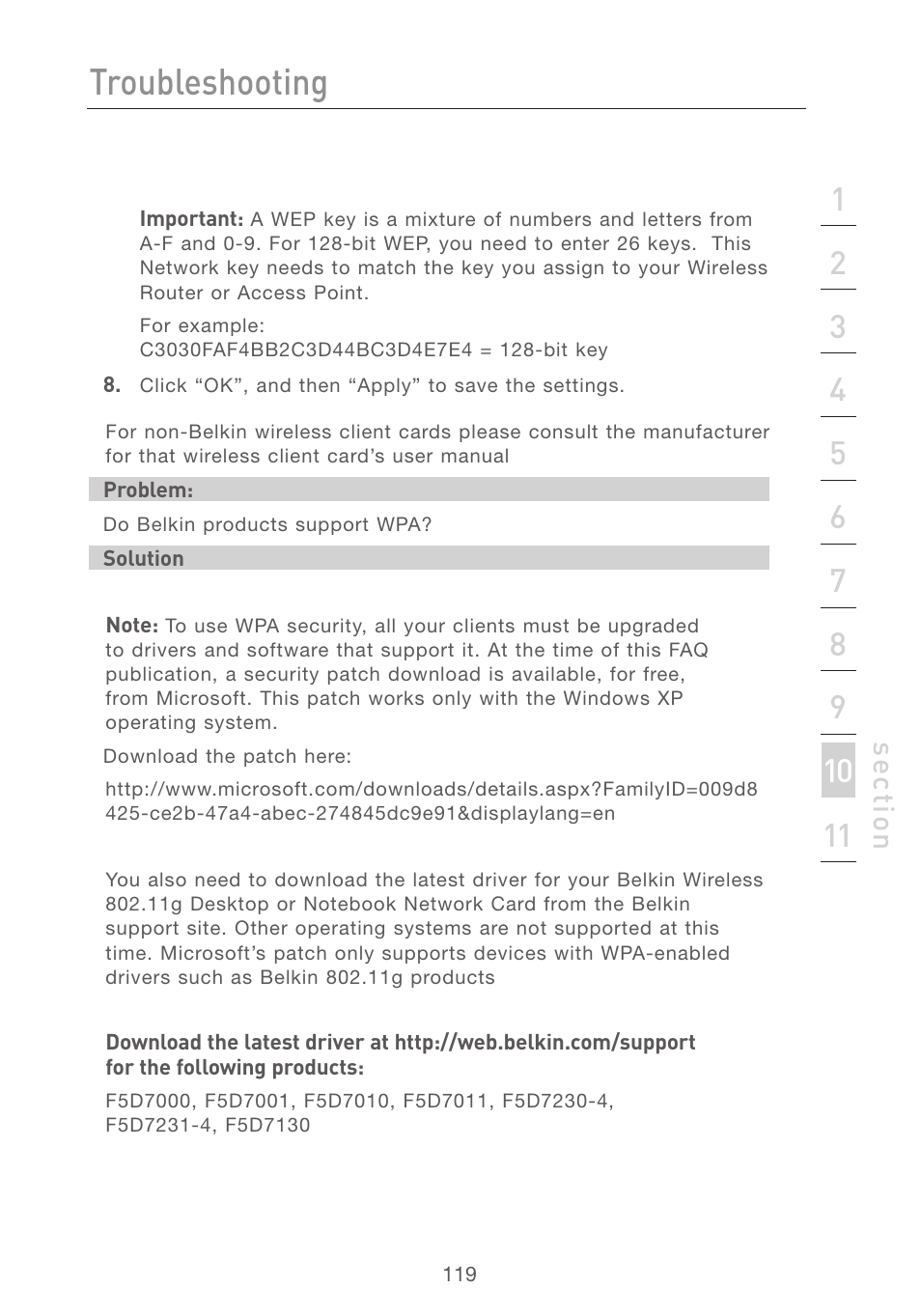 Troubleshooting, Se ct io n | Belkin F5D7231-4 User Manual | Page 121 / 133