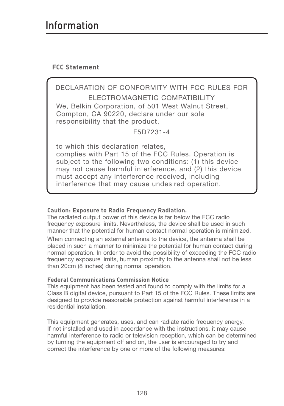 Information, Se ct io n | Belkin F5D7231-4 User Manual | Page 130 / 133