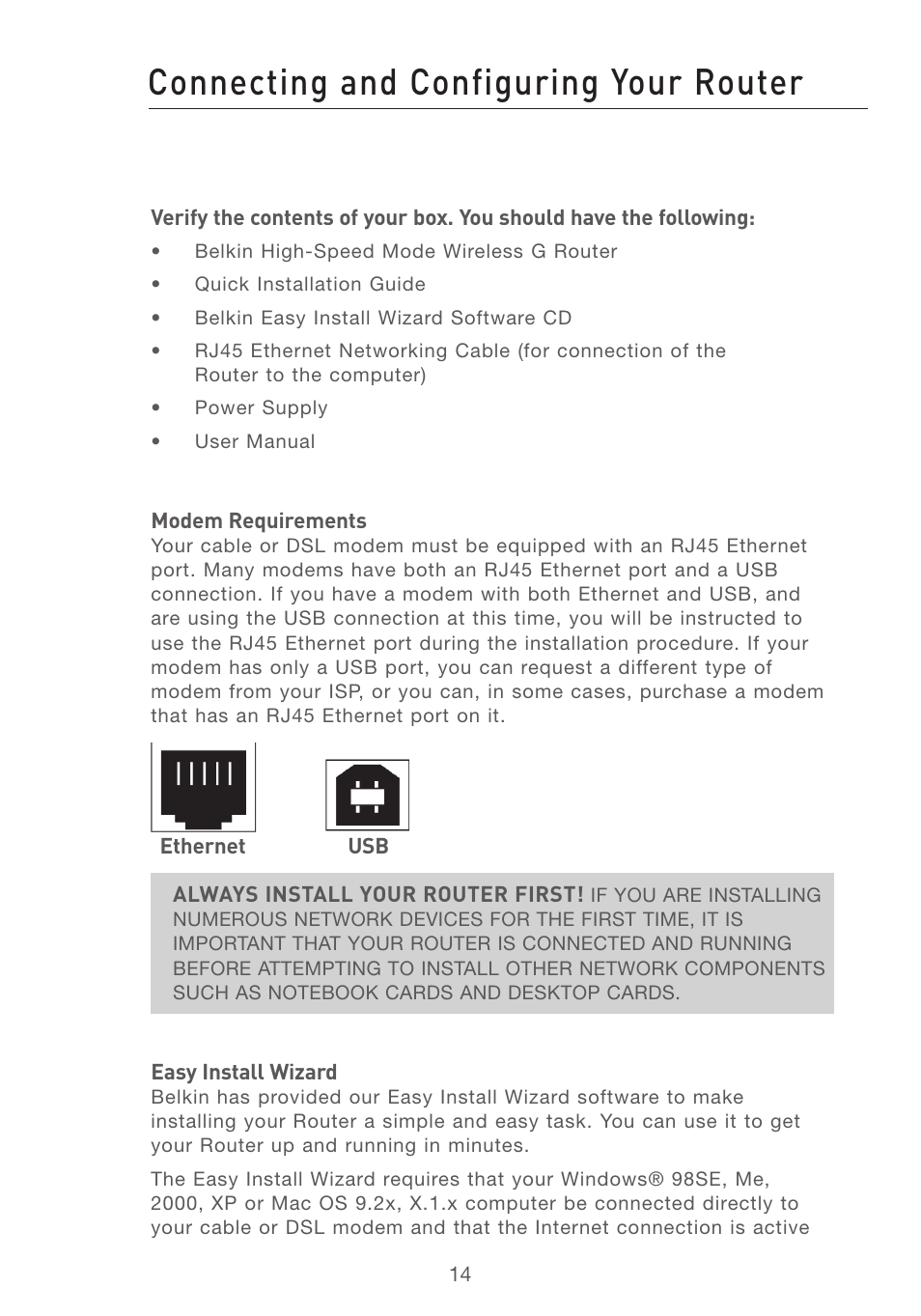 Connecting and configuring your router, Se ct io n | Belkin F5D7231-4 User Manual | Page 16 / 133