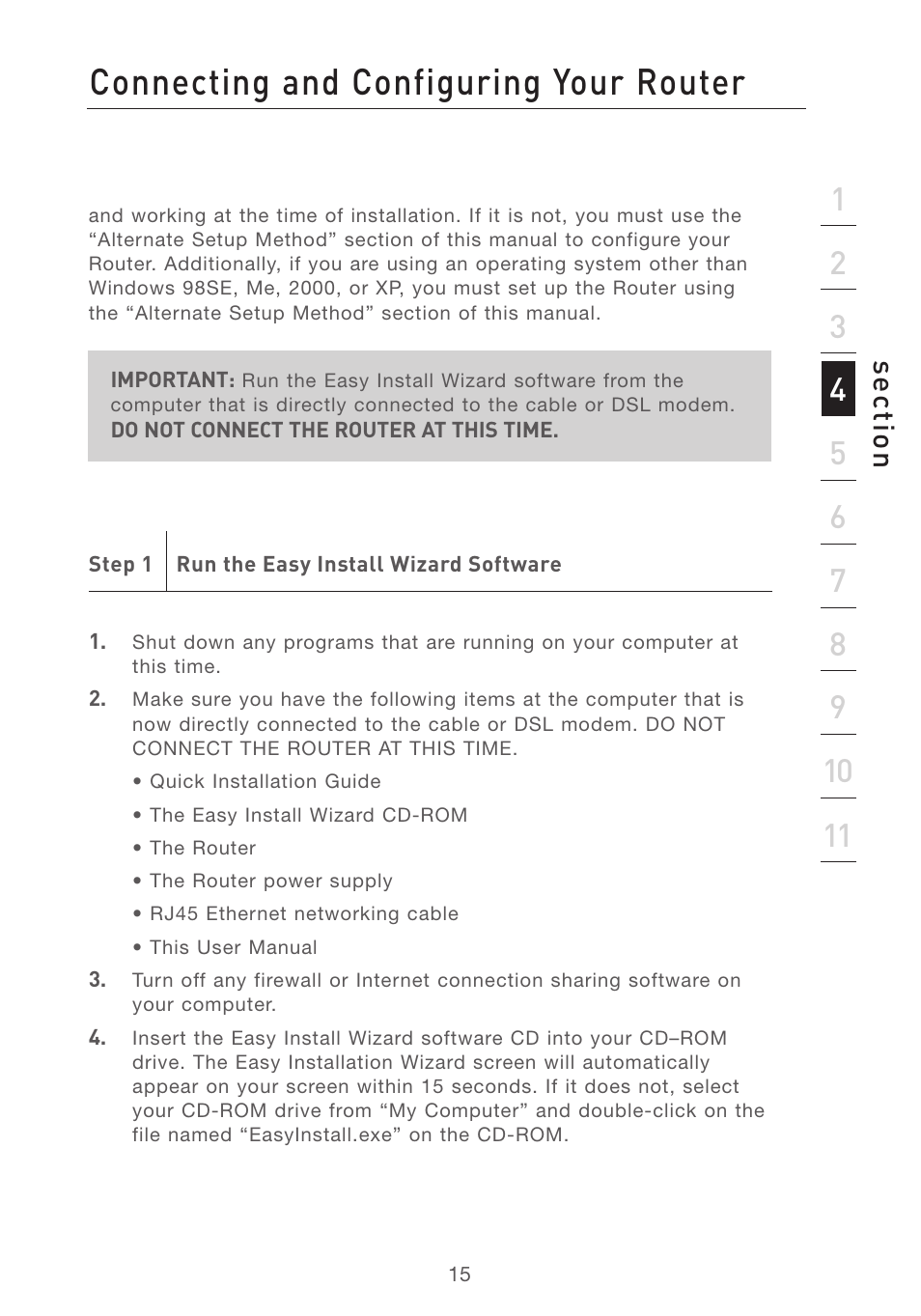 Connecting and configuring your router, Se ct io n | Belkin F5D7231-4 User Manual | Page 17 / 133