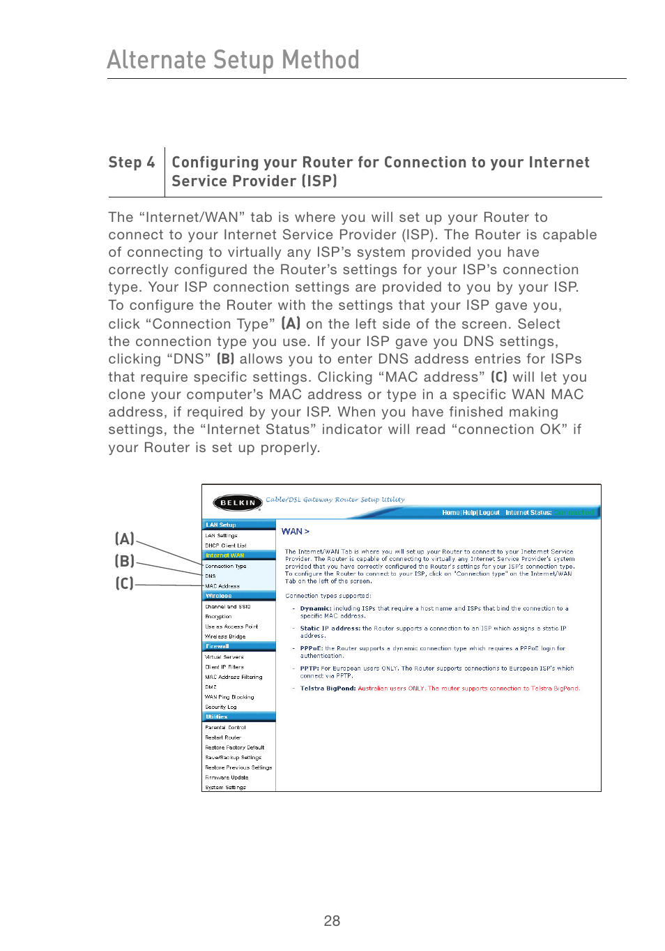 Alternate setup method | Belkin F5D7231-4 User Manual | Page 30 / 133