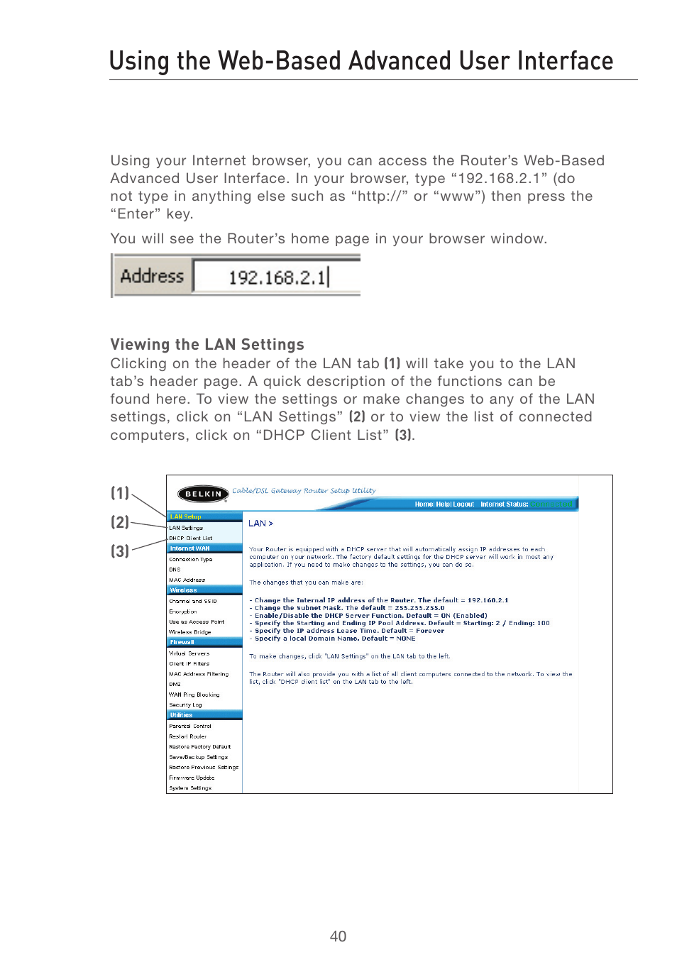 Using the web-based advanced user interface | Belkin F5D7231-4 User Manual | Page 42 / 133