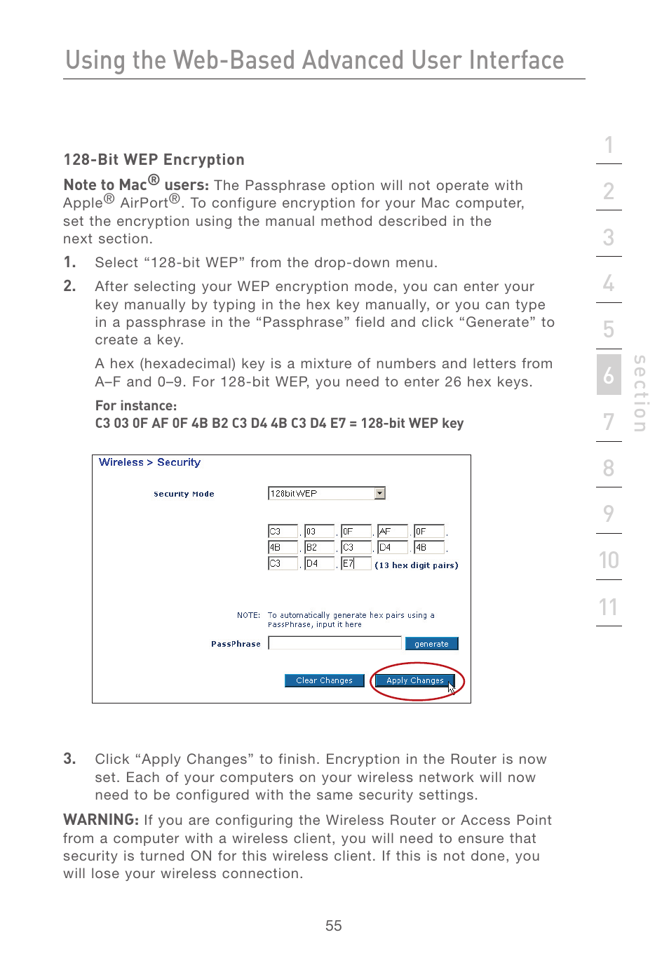 Using the web-based advanced user interface, Se ct io n | Belkin F5D7231-4 User Manual | Page 57 / 133