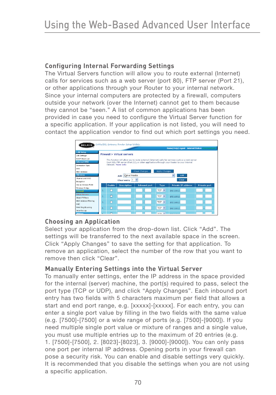 Using the web-based advanced user interface | Belkin F5D7231-4 User Manual | Page 72 / 133