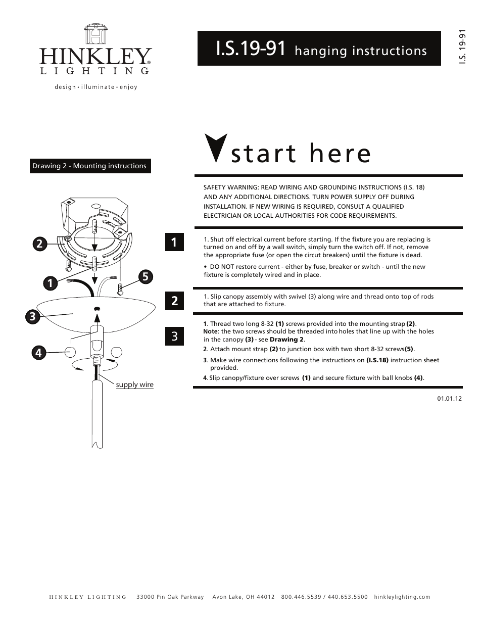 Start here, I.s.19-91, Hanging instructions | Hinkley Lighting PRINCETON 4071BN User Manual | Page 2 / 3