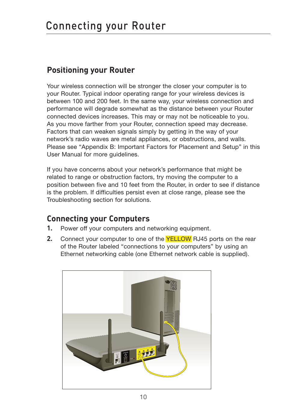 Connecting your router, Positioning your router, Connecting your computers | Power off your computers and networking equipment | Belkin F5D7632uk4v3000 User Manual | Page 10 / 108