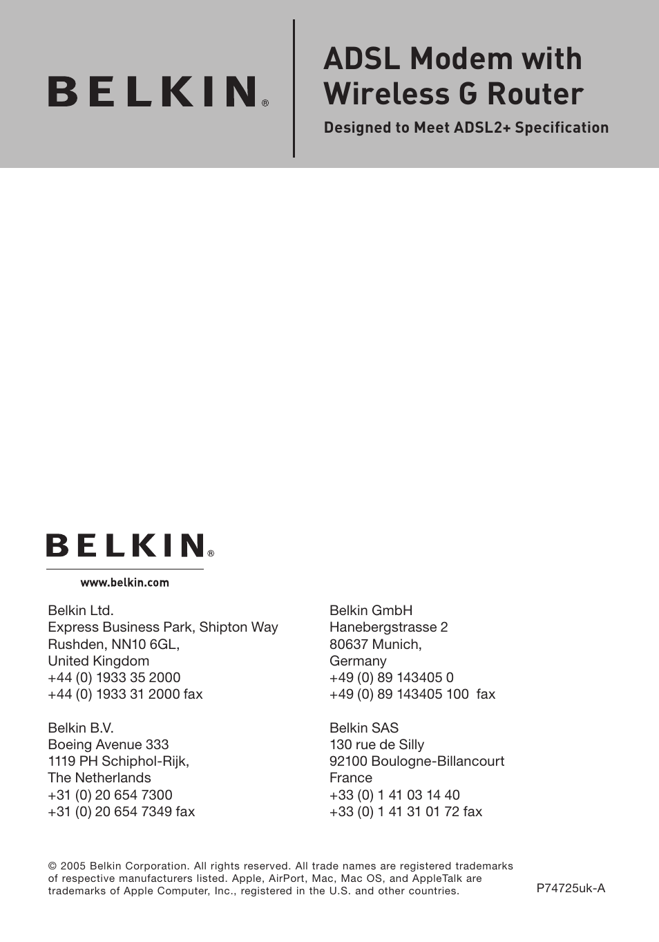 Adsl modem with wireless g router | Belkin F5D7632uk4v3000 User Manual | Page 108 / 108