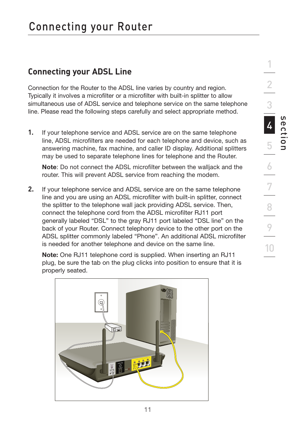 Connecting your router, Se ct io n, Connecting your adsl line | Belkin F5D7632uk4v3000 User Manual | Page 11 / 108