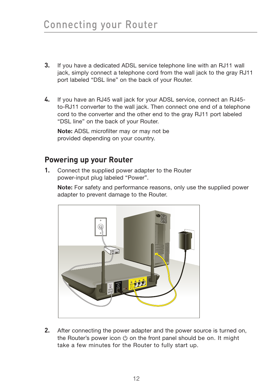 Connecting your router, Powering up your router | Belkin F5D7632uk4v3000 User Manual | Page 12 / 108