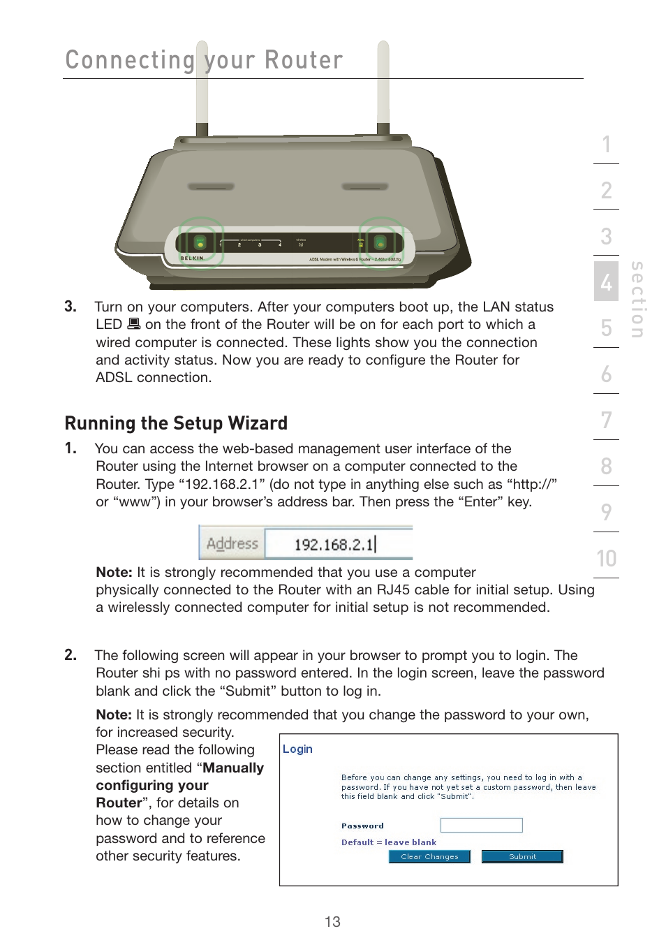Connecting your router, Se ct io n | Belkin F5D7632uk4v3000 User Manual | Page 13 / 108