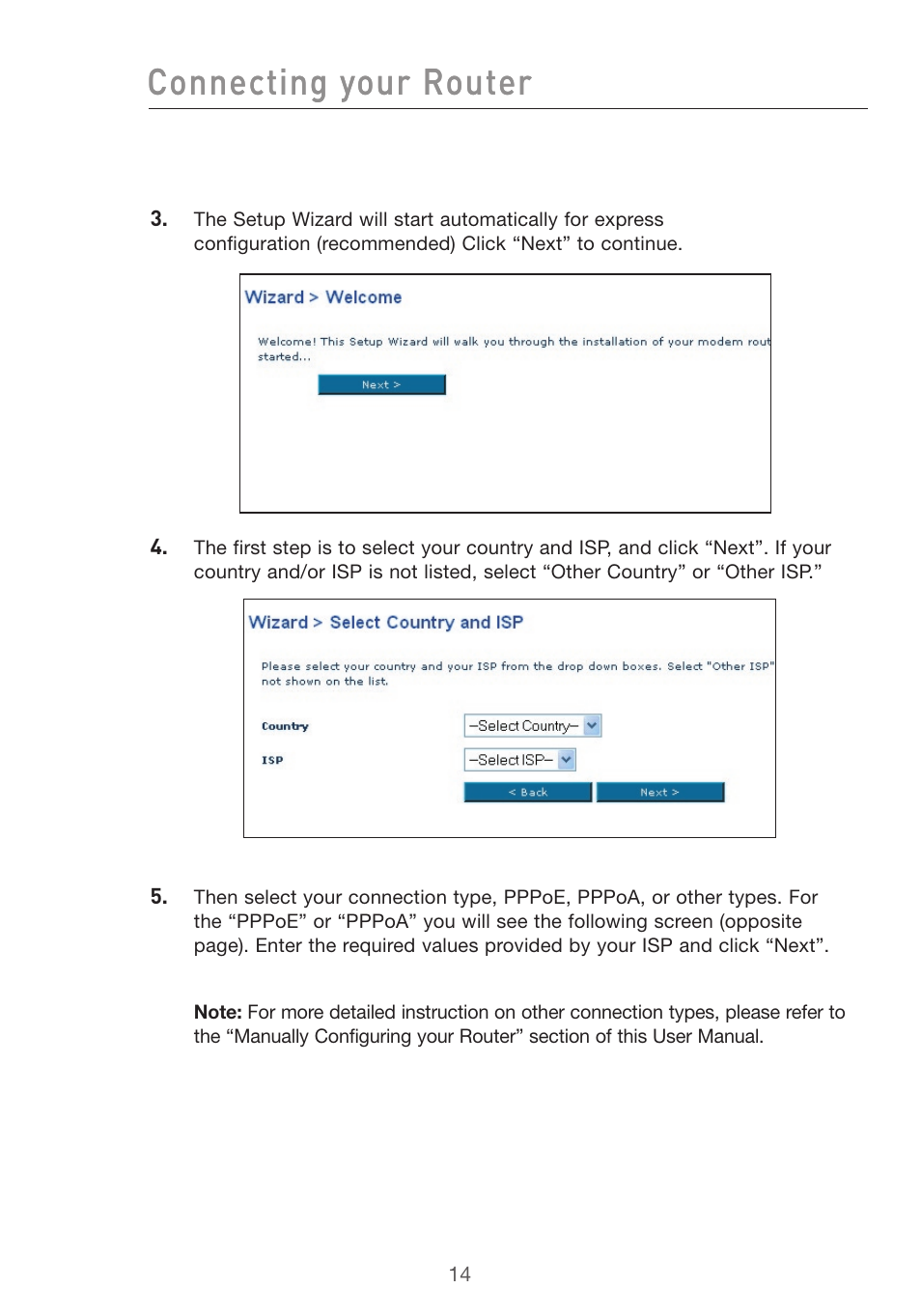 Connecting your router | Belkin F5D7632uk4v3000 User Manual | Page 14 / 108