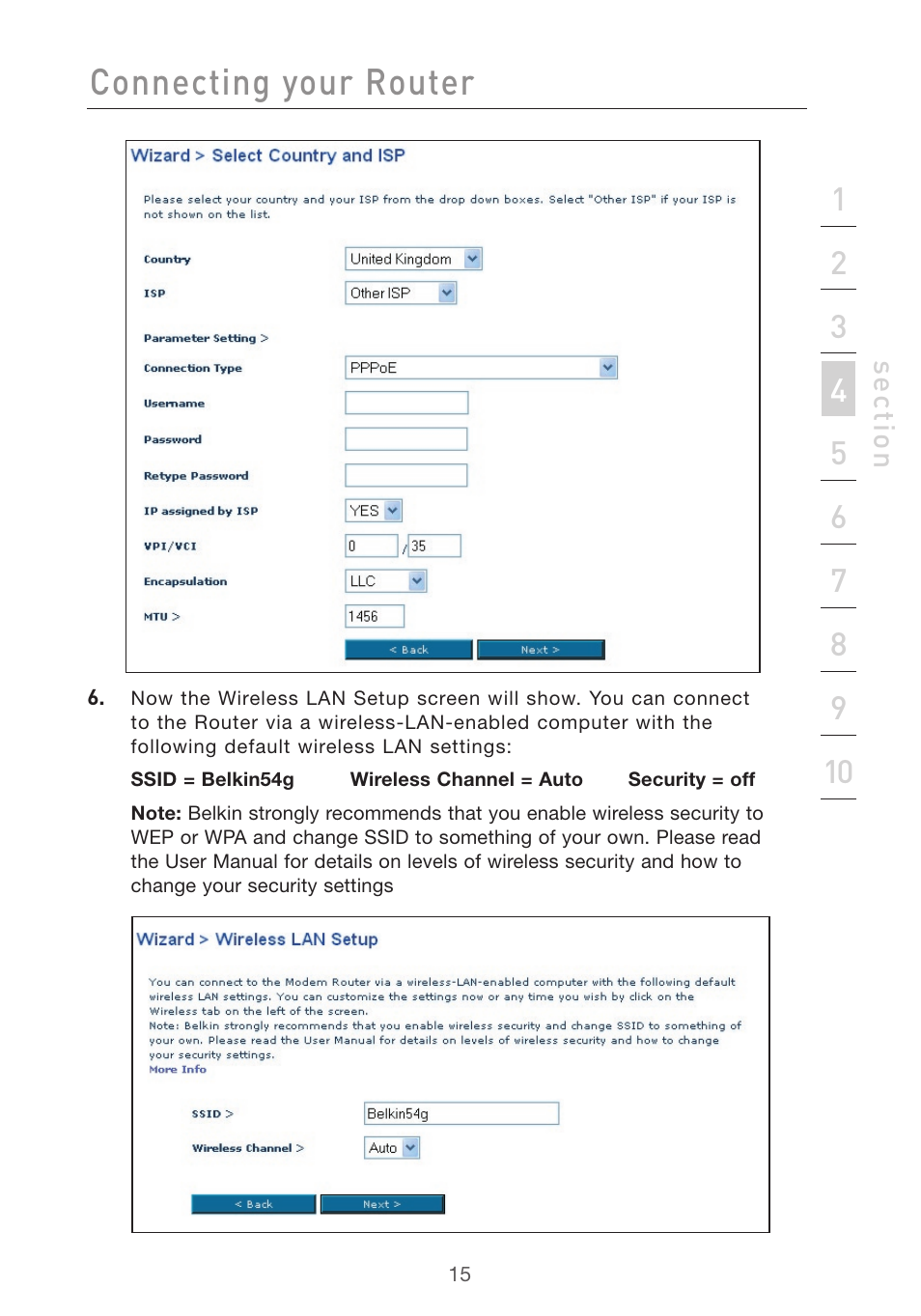 Connecting your router | Belkin F5D7632uk4v3000 User Manual | Page 15 / 108