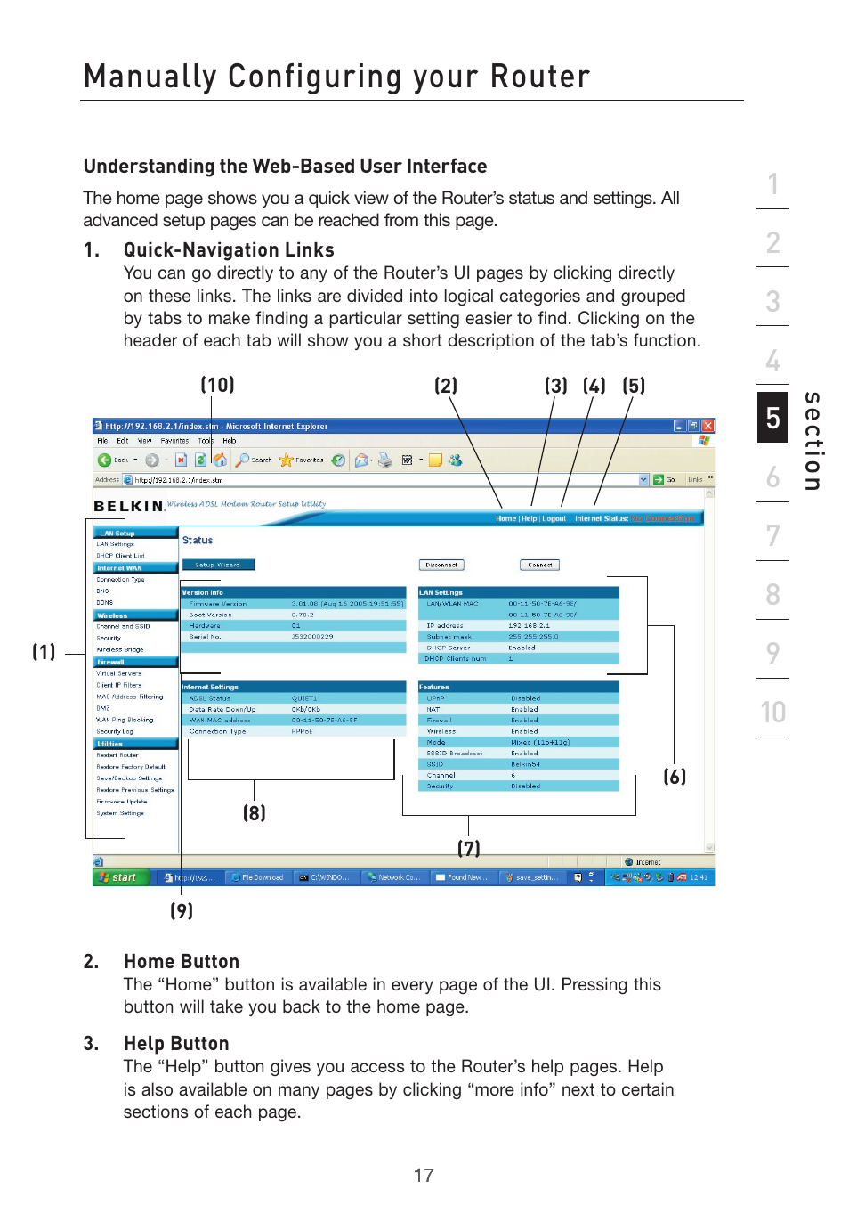 Manually configuring your router, Se ct io n | Belkin F5D7632uk4v3000 User Manual | Page 17 / 108